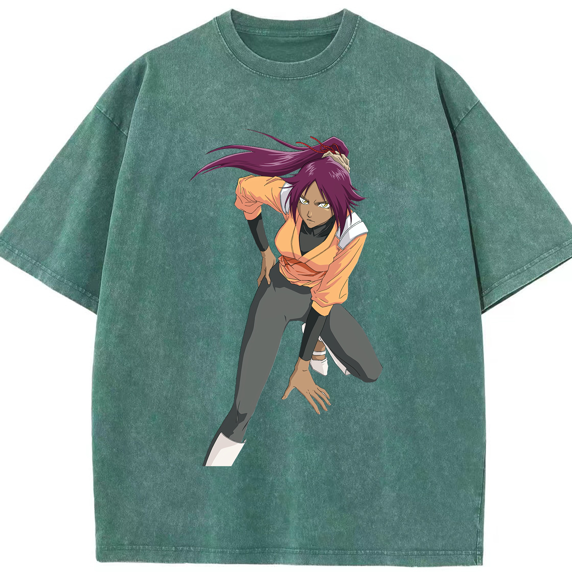 （画像用） ブリーチ 四楓院 夜一（しほういん よるいち） BLEACH Shihouin Yoruichi 綿100% ヴィンテージ風 半袖Tシャツ（フロントプリント）